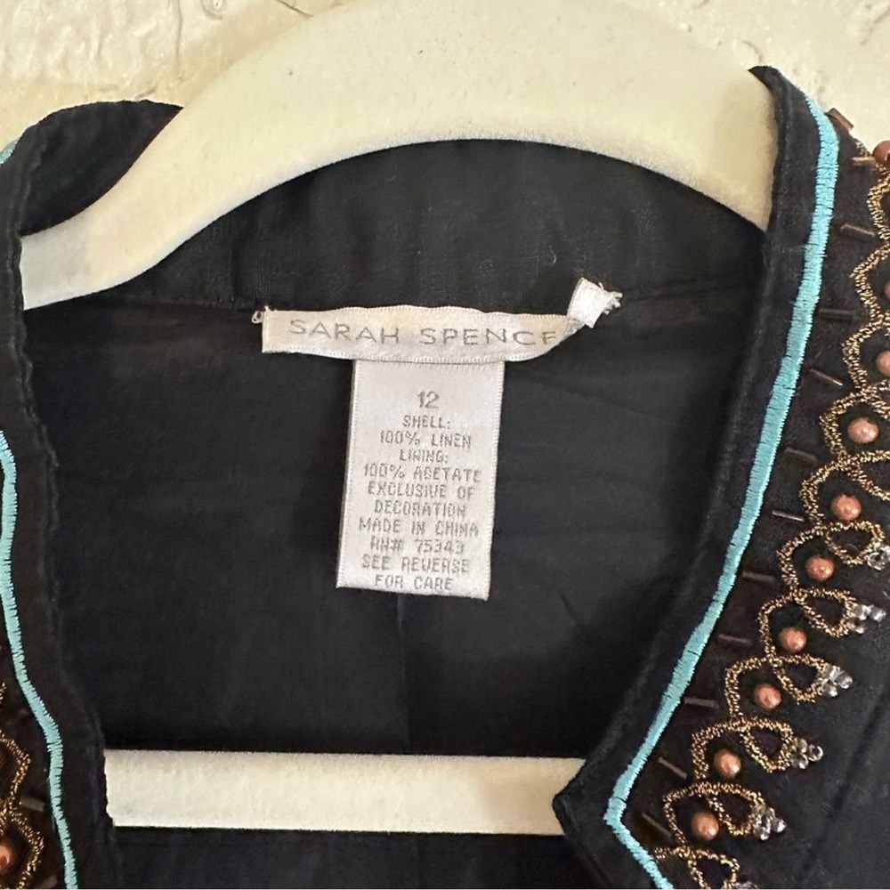 Sarah Spencer Jacket Black 12 Womens Linen Beaded Embroidered Boho Open Front - Picture 9 of 13